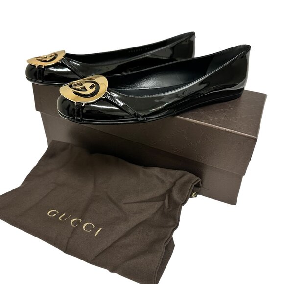 NEW WITH BOX Gucci Black Patent Leather GG Logo Ballet Flats for Women Size 39 - Picture 2 of 14